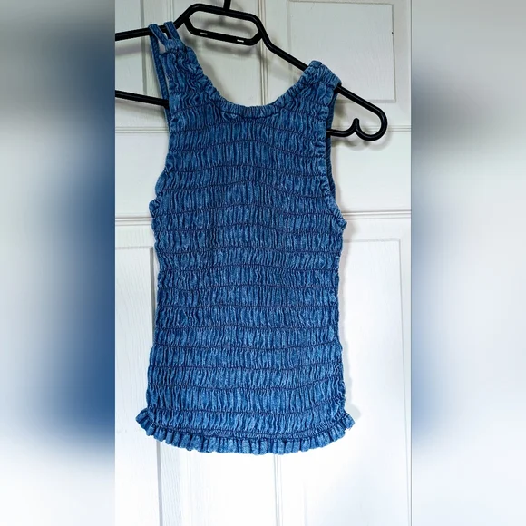 Denim Ruched Cold Shoulder Top - Picture 2 of 2